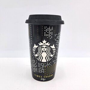 Starbucks Times Square NYC Broadway Travel Mug Ceramic Gold Black Silicon Lid